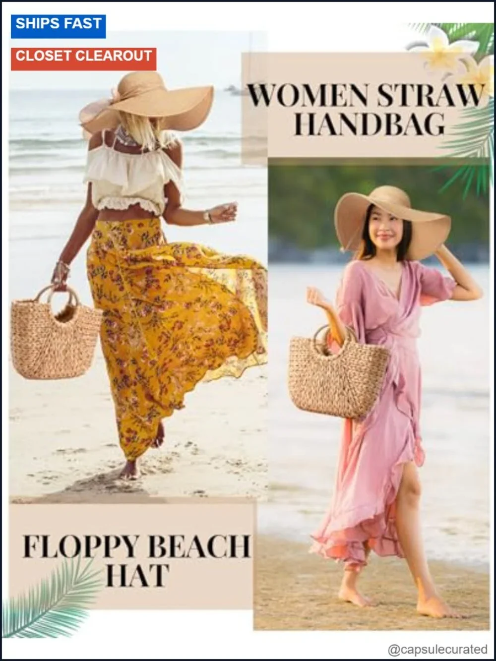 Straw Summer Accessory Set: Beach Bag, Floppy Hat, Rattan Earrings